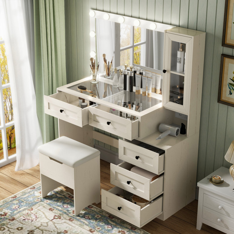 Ebern Designs Farmhouse Mirror Large Vanity Desk With Led Bulbs Makeup Vanity Table Set with Glass Tabletop Charging Station Power Outlet Adjustable Lighting Modes Bedroom White Reviews Wayfair